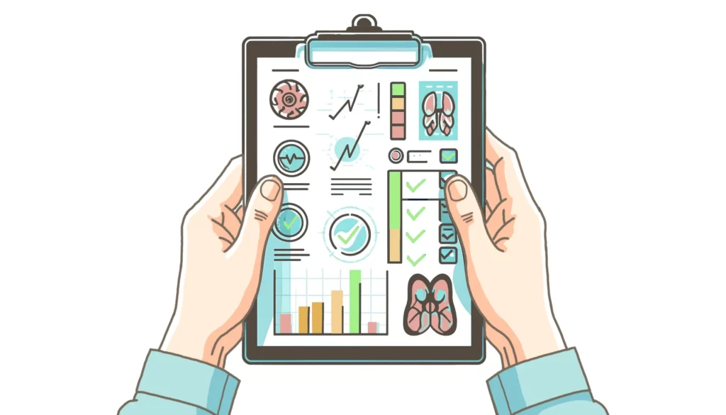 Руки держат медицинский планшет с диаграммами, графиками и флажками, обозначающими оценку состояния здоровья пациента с раком толстой кишки.