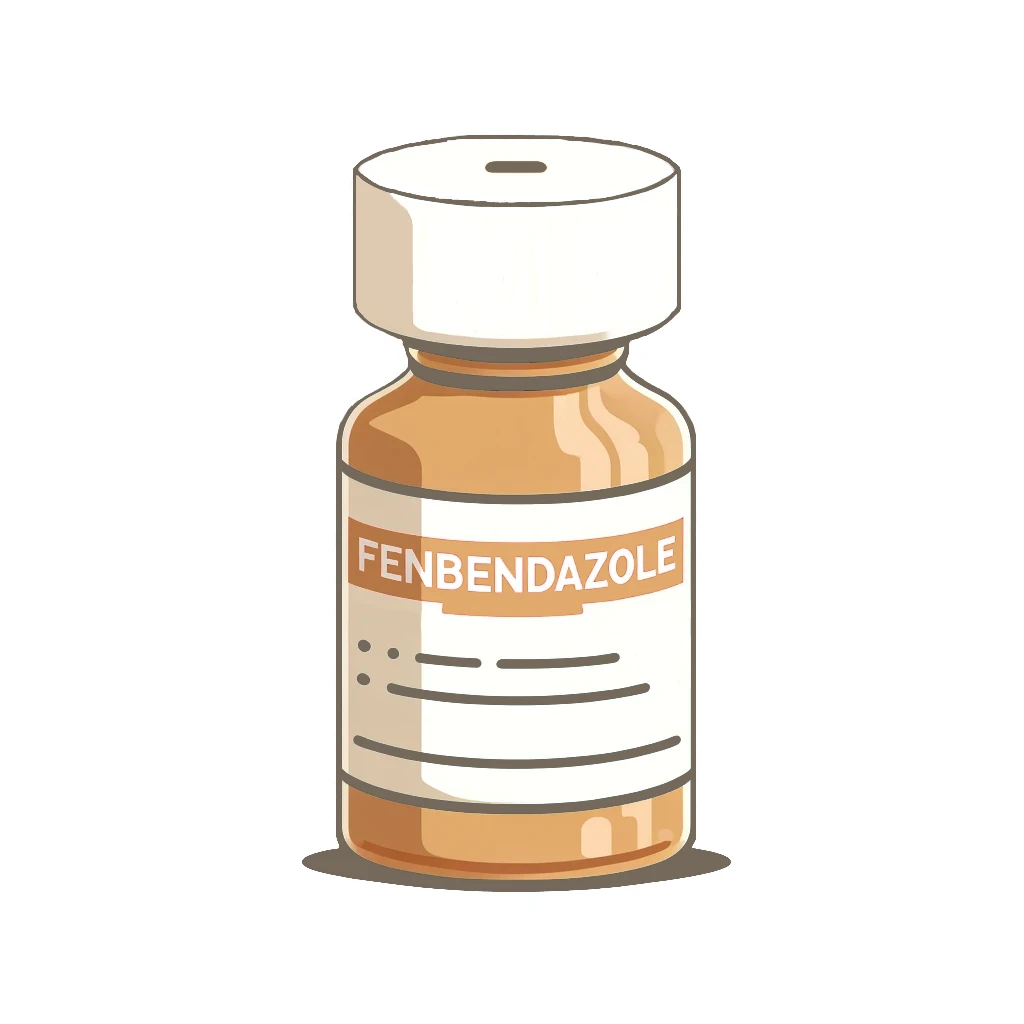Un frasco de medicamento Fenbendazol con una tapa blanca sobre un fondo claro.