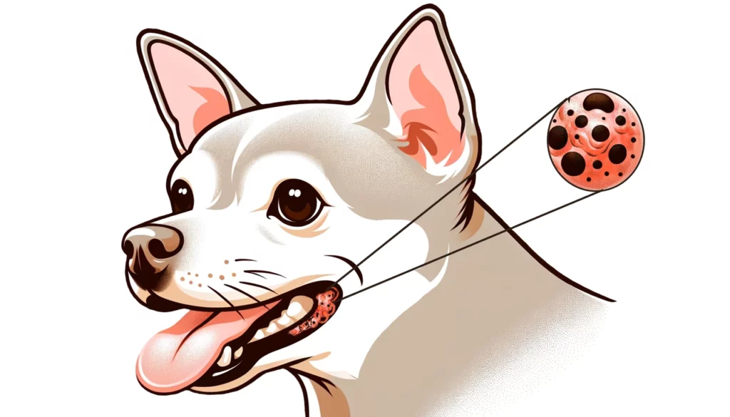 Иллюстрация собаки с акцентом на пасть, на которой выделена злокачественная меланома. На вставке показан крупный план опухоли, которая выглядит как скопление темных пятен неправильной формы. Это изображение подчеркивает внешний вид и расположение злокачественной меланомы полости рта у собак.