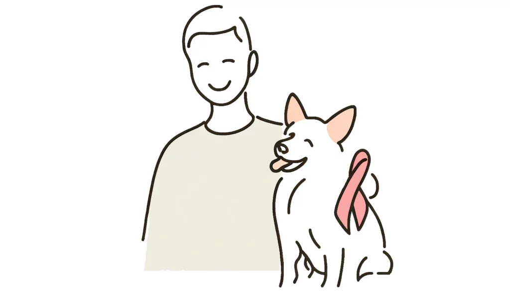 На изображении изображен владелец собаки, которая победила рак с помощью фенбендазола. Фенбендазол помогает при раке у собак.