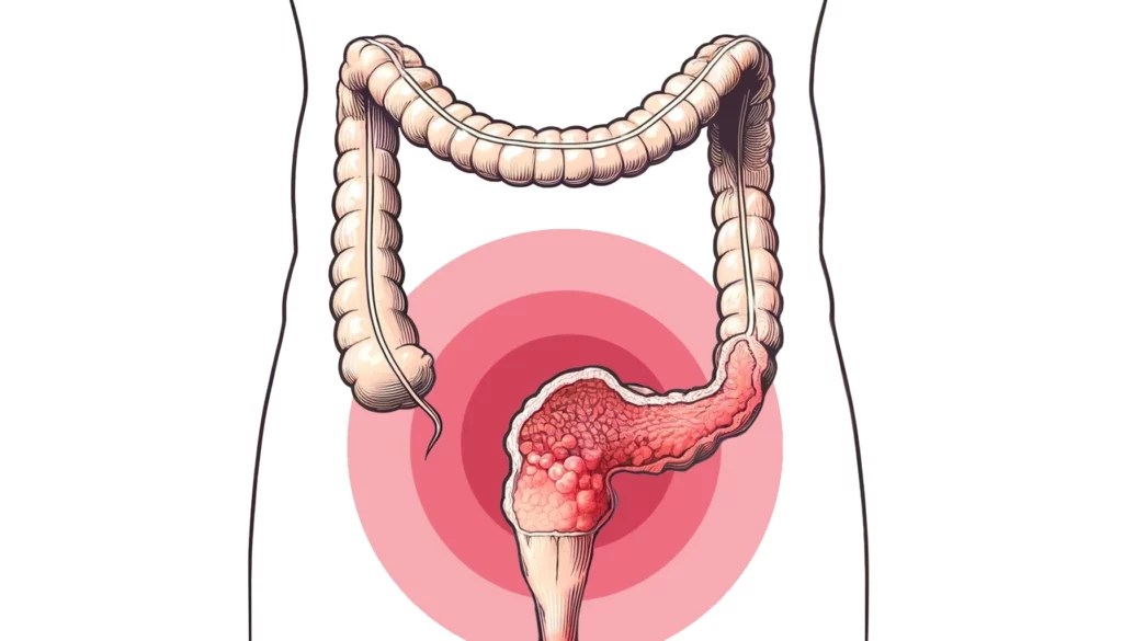 Dieses Bild zeigt eine detaillierte medizinische Darstellung eines menschlichen Dickdarms, der von einem Rektumkarzinom im Stadium 3 betroffen ist, wobei im unteren Bereich ein markanter Krebstumor sichtbar ist. Die umliegenden Bereiche werden zur Hervorhebung rosa hervorgehoben.