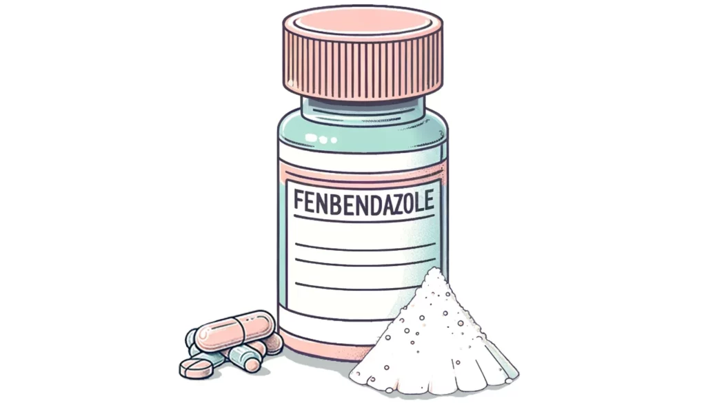 На изображении представлены различные продукты и различные формы фенбендазола, которые могут быть в виде порошка, жидкости, пасты, капсул или таблеток.