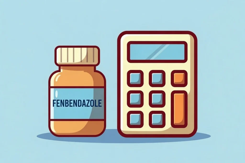 Image shows bottle of fenbendazole (fenben) and a calculator next to it